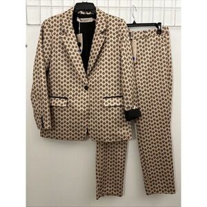 ESQUALO Women M 2 Pc Pantsuit Tan Blue Black Business Office‎ 3886